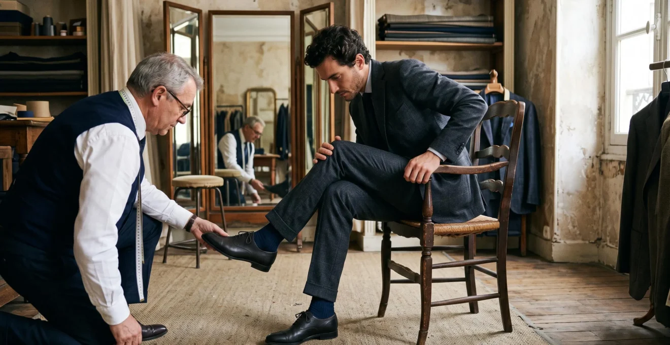 Un client assis croise les jambes pour tester le tombé du pantalon de son costume.