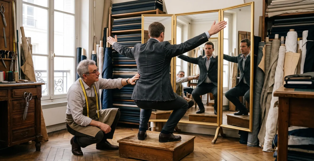 Un client teste un geste bras levés devant le miroir pendant son essayage de costume.