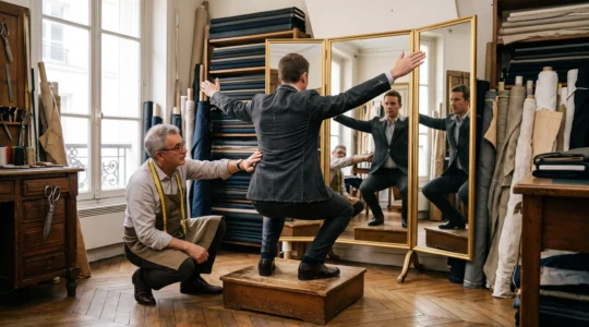Un client teste un geste bras levés devant le miroir pendant son essayage de costume.