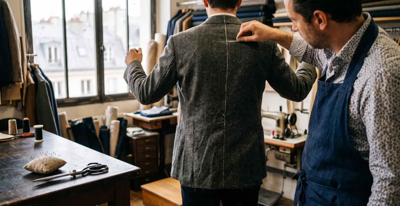 Un tailleur marque à la craie une ligne de retouche dans le dos d'une veste sur mesure.