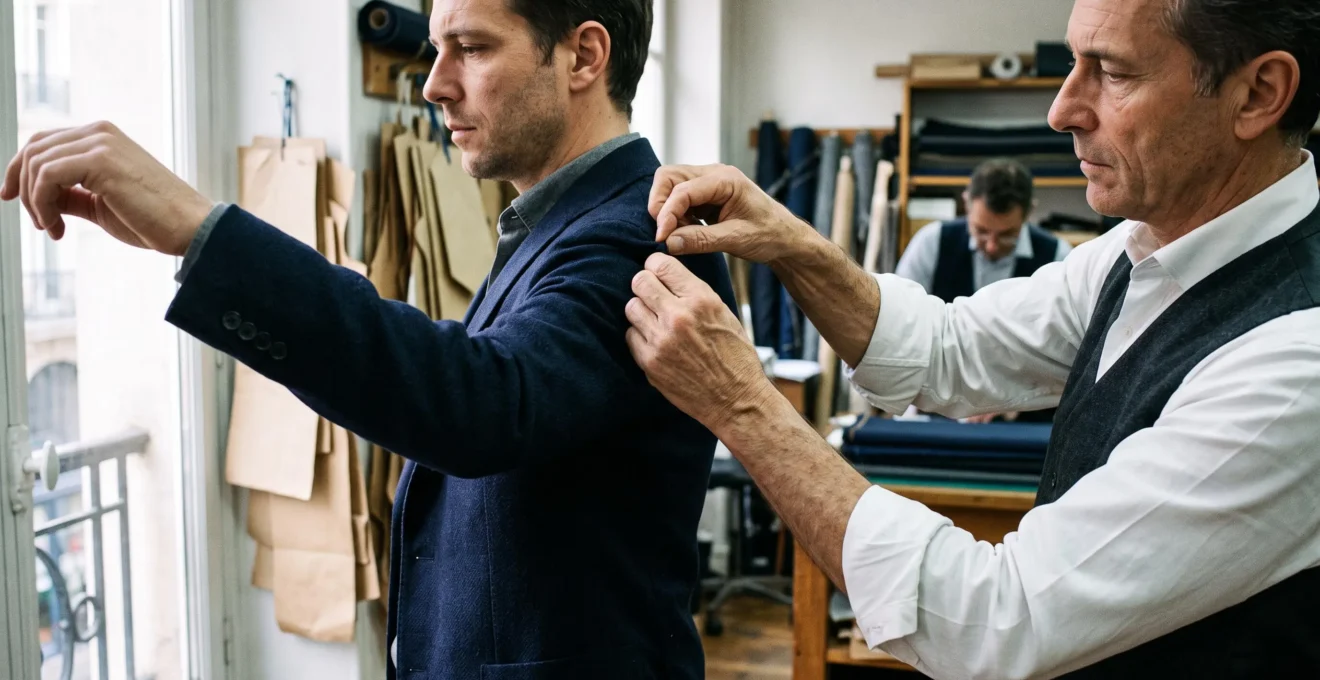 Le tailleur vérifie la tension de l'épaule d'une veste sur mesure, bras du client levé.